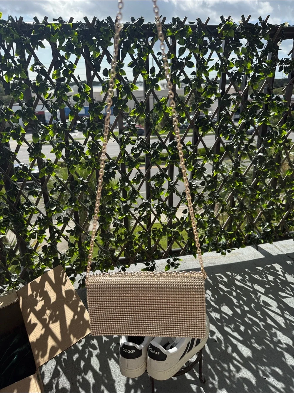 Gold Crystal-Embellished Evening Clutch with Chain Strap